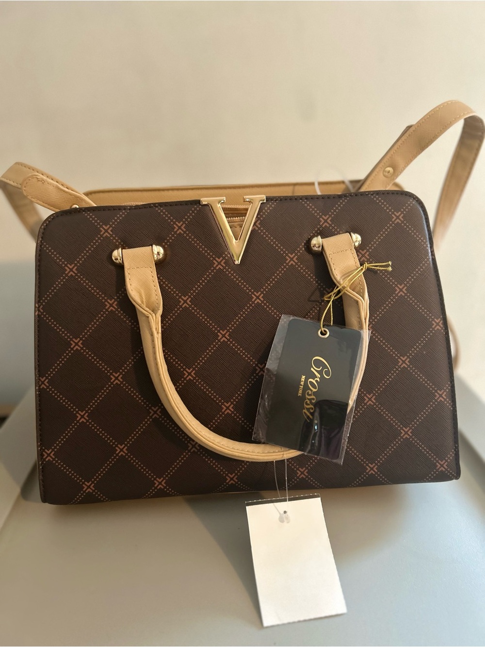 Brown & Tan Quilted Tote Bag with Gold V Accent